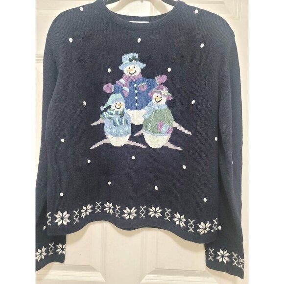 Vintage Christopher & Banks Hand Embroidery Holiday Snowman Sweater Snowflake Pa - Picture 2 of 13